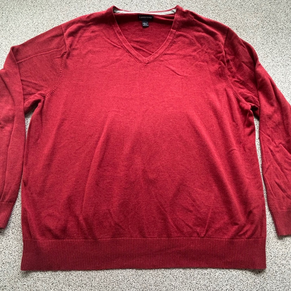 Lands' End Men's‎ XXL TALL Red V-Neck 100% Cotton Knit Sweater Casual Pullover
